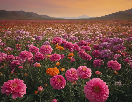 Colorful chrysanthemum flowers in the field at sunsetの素材