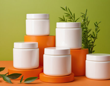 cosmetic cream containers on orange podium with green leaves on green backgroundの素材