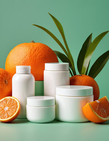 cosmetic bottle containers with oranges on green background, beauty treatment conceptの素材