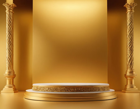 3d render of golden podium for product presentation. Luxury backgroundの素材
