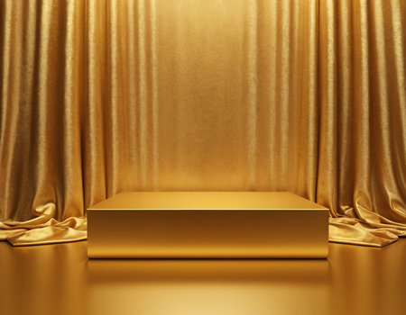 Golden podium with drapery and curtain background. 3d renderingの素材