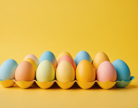 Colorful easter eggs isolated on yellow background. Minimal easter concept.の素材