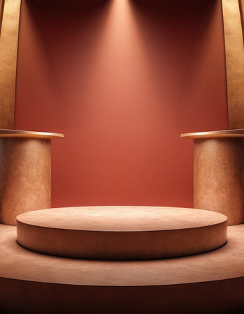 3d render of a round podium on a red background with spotlightsの素材