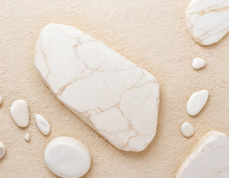 White stone on sand background. Top view. Flat lay. Copy space.の素材