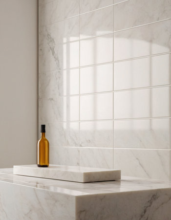 Bottle of olive oil on white marble podium in bathroom. Mock up, 3D Renderingの素材