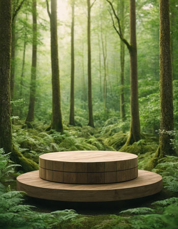 Wooden podium in a green forest. 3d rendering mock upの素材