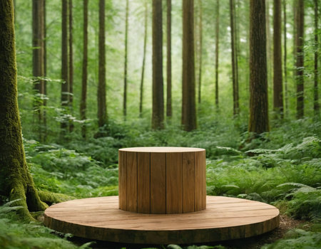 Wooden pedestal in the green forest. 3d rendering.の素材