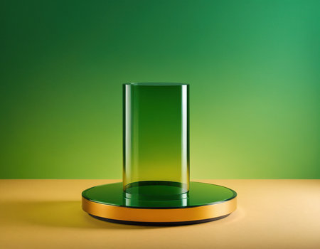 Glass stand for product presentation. 3d illustration. Green background.の素材