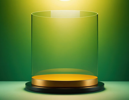 Empty glass showcase on green background. 3D render. Mock upの素材