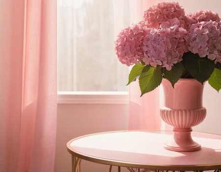 Pink hydrangea flowers in vase on table near windowの素材