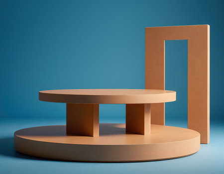 Wooden podium on blue background. Mock up, 3D Renderingの素材