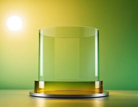 Glass showcase on green background. 3d render. Mock up.の素材