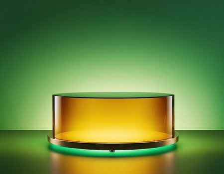 Round gold podium on a green background. 3d render illustration.の素材