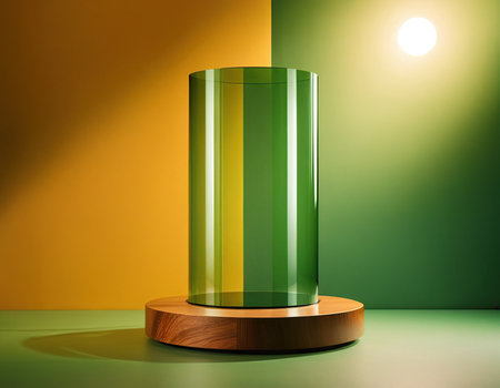 3d render of green glass cylinder podium on green and yellow backgroundの素材
