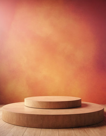 Wooden podium for product presentation on orange background. 3d renderingの素材