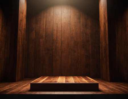 Empty wooden table in front of dark wooden wall. Mock up, 3D Renderingの素材