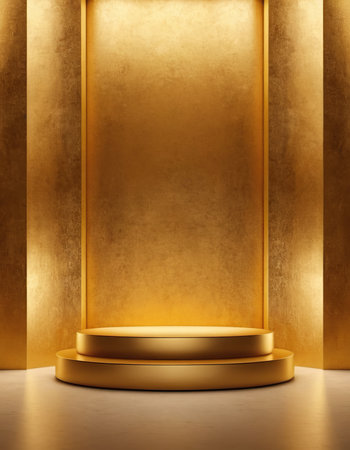 Golden podium on the golden background. 3D rendering with copy spaceの素材