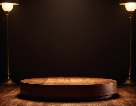 Empty round wooden podium on dark background. Mock up, 3D Renderingの素材