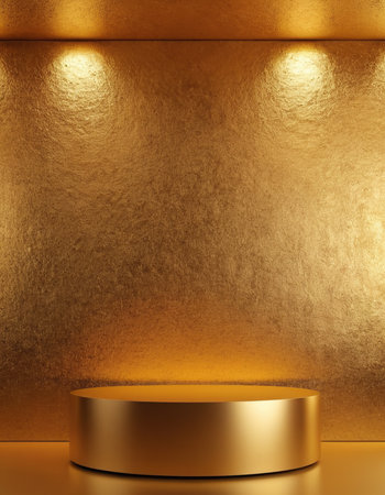 Golden podium on a gold background with spotlights. 3d renderingの素材