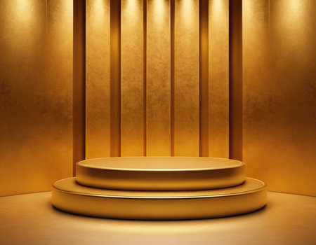 Golden podium on golden background. 3d render, 3d illustrationの素材
