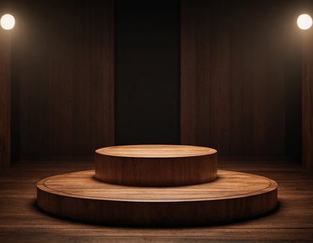 Wooden podium in dark room with spotlights. 3d renderの素材