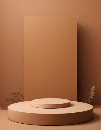 3d render of beige podium for product display with palm leaves. Minimal scene with empty round stage.の素材