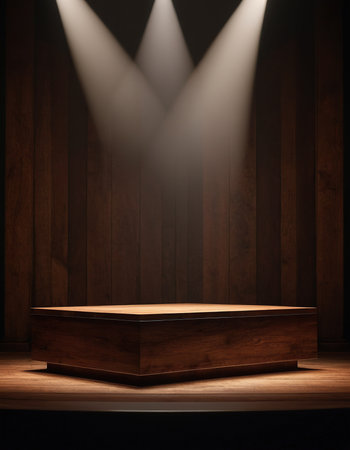 Wooden podium with spotlights on dark background. 3d renderの素材