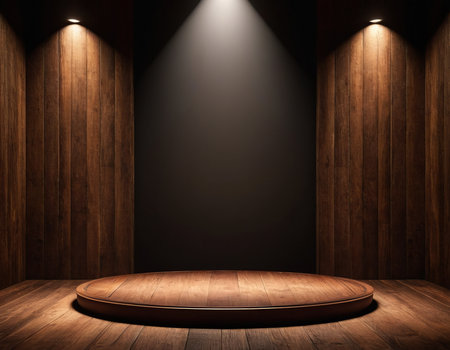 Empty wooden stage in dark room with spotlights. 3d renderの素材