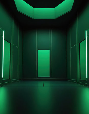 Green corridor with door and neon light, 3d rendering. Computer digital drawing.の素材