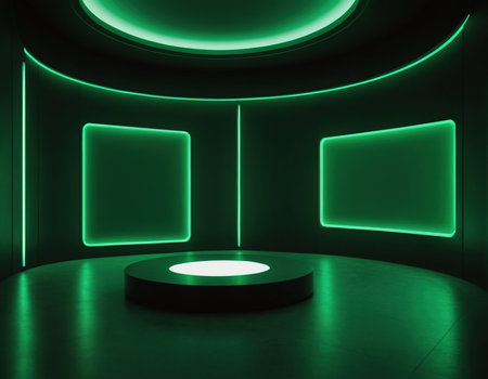 Abstract empty room with green neon lighting, 3d render, square imageの素材