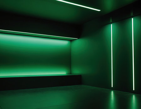 interior of modern empty room with green walls and neon lights. 3d renderingの素材