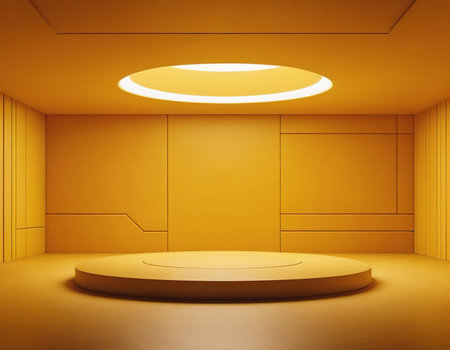 Abstract scene with round podium and yellow wall. 3d render illustrationの素材
