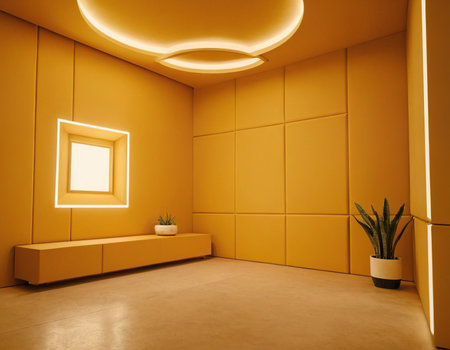 Interior of a modern office with orange walls, concrete floor and yellow reception desk. 3d renderingの素材