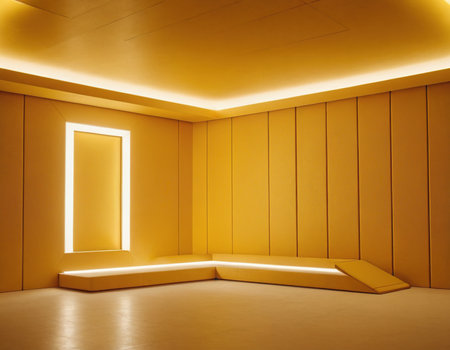 3d render of empty room with yellow wall and open door.の素材