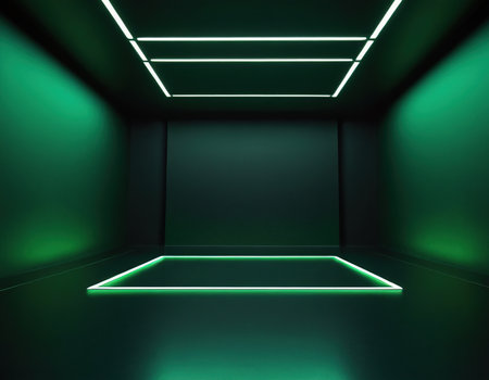 Empty green interior with neon light. 3D rendering. Mock up.の素材