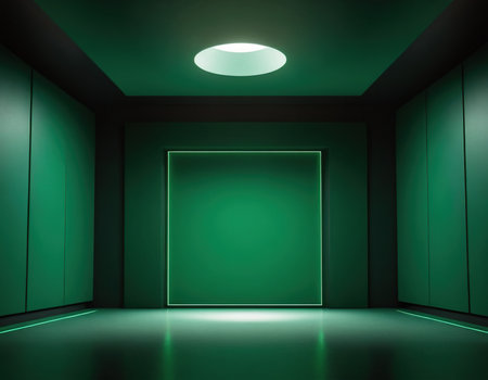green empty room with light from the ceiling, 3d render illustrationの素材