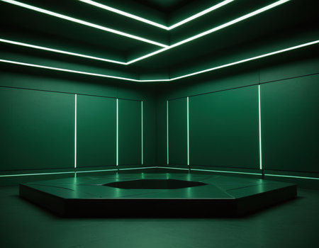 3d rendering of an empty room with neon lights and a podiumの素材