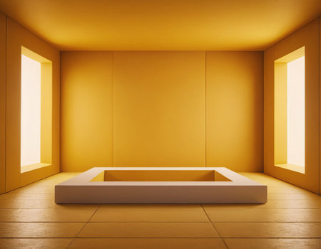 Empty room with window, yellow wall and floor. 3D Renderingの素材