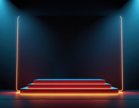 Podium illuminated with neon light. Award ceremony concept. 3D Renderingの素材