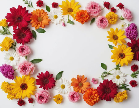 Flowers composition. Frame made of flowers on white background. Flat lay, top view, copy spaceの素材