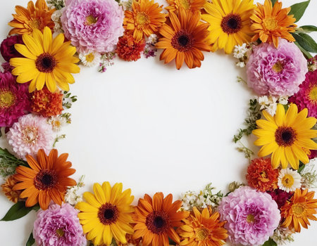 Flowers composition. Frame made of autumn flowers on white background. Flat lay, top view, copy spaceの素材