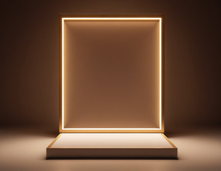 Blank glass showcase illuminated with neon light. 3D rendering.の素材