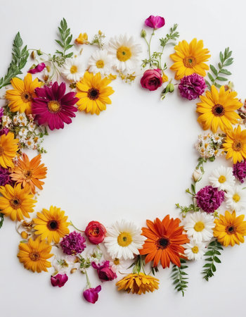 Flower frame with chamomile and calendula on white backgroundの素材