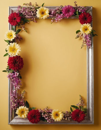 Frame with flowers on yellow background. Flat lay, top view.の素材