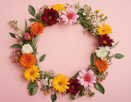 Flower wreath on pink background. Flat lay, top viewの素材