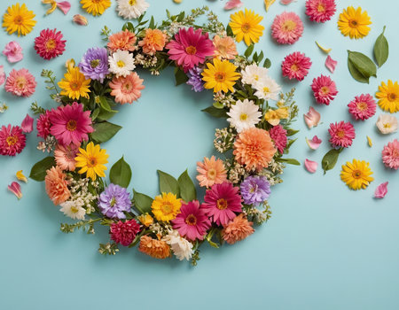 Colorful flower wreath on blue background. Flat lay, top viewの素材