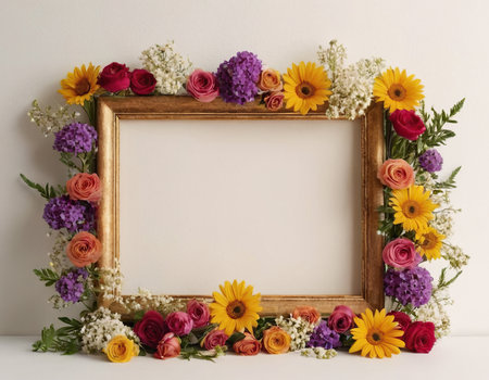 Flowers in a wooden frame on a white background with copy spaceの素材