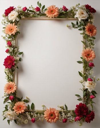 Flower frame with copy space on white background. Flat lay.の素材