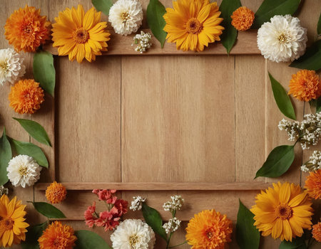 Frame of calendula flowers and leaves on wooden background, top viewの素材