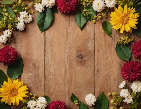 Frame of flowers on wooden background with space for text. Top viewの素材